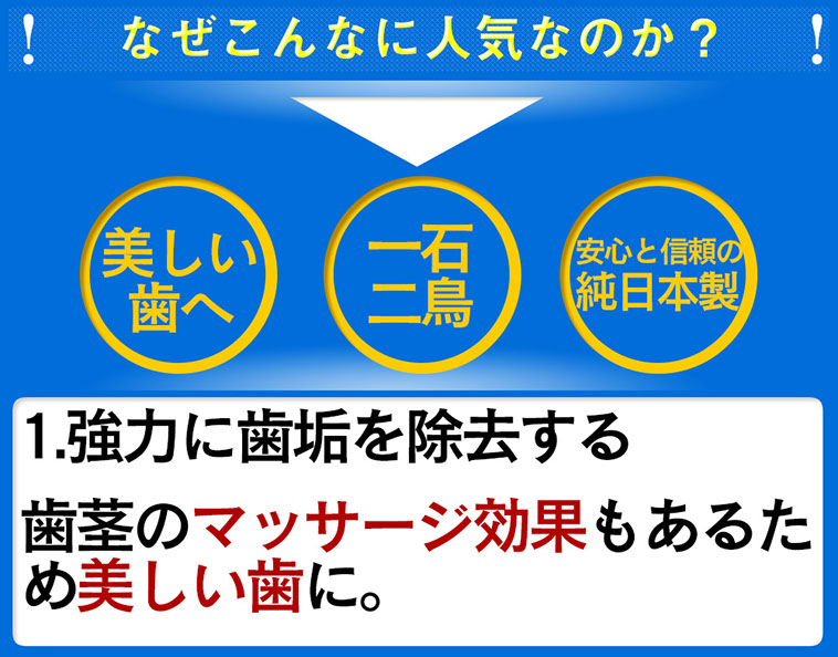 美しい歯へ一石二鳥安心と信頼の純日本製1.強力に歯垢を除去する虫歯を防止しまたマッサージ効果もあるため美しい歯に。2.歯間ブラシの効果も普通のつまようじでは取れない歯間ブラシの役割も。
