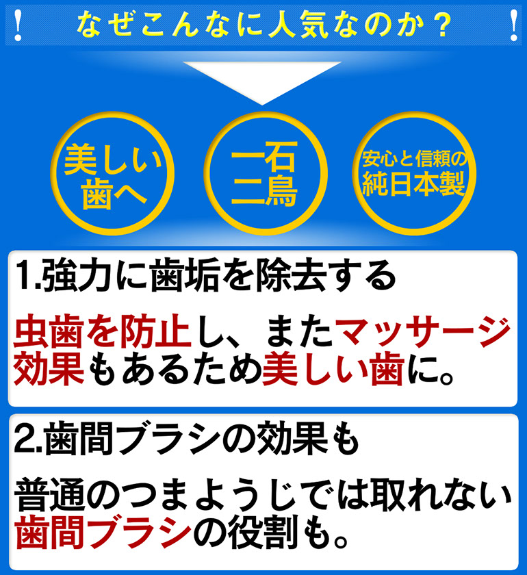 美しい歯へ一石二鳥安心と信頼の純日本製1.強力に歯垢を除去する虫歯を防止しまたマッサージ効果もあるため美しい歯に。2.歯間ブラシの効果も普通のつまようじでは取れない歯間ブラシの役割も。