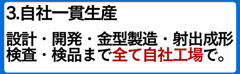 3.自社一貫生産　設計・開発・金型製造・射出成形・検査・検品まで全て